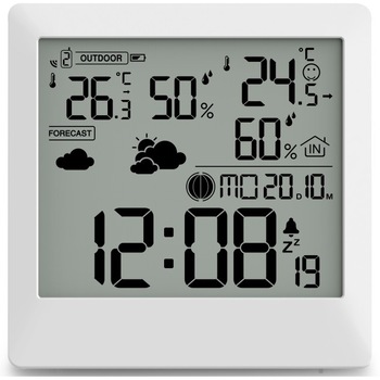 Statie Meteo Hama Palawan, cu Senzor Exterior, termometru, higrometru, radio, alb