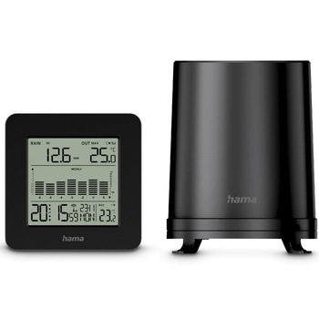 Statie Meteo Hama Mykonos, cu Pluviometru/Senzor Exterior, radio, alarma, negru