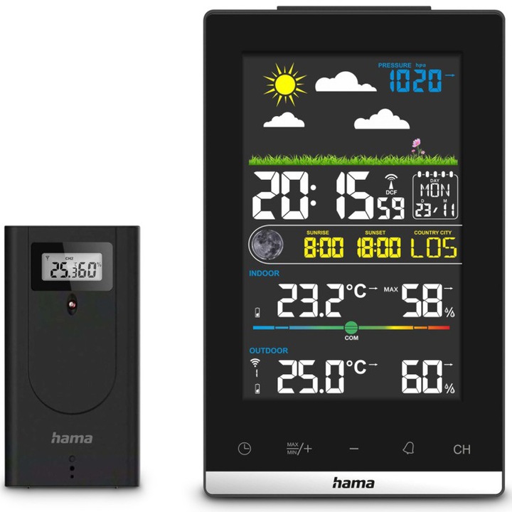 Statie Meteo Hama Jamaica, cu Senzor Exterior, clima interioara, radio, negru