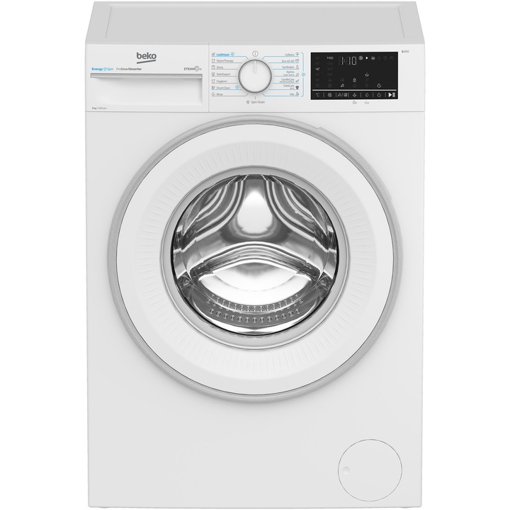 Masina de spalat rufe Beko B3WFU48415WWES, 8 kg, 1400 RPM, Clasa A, SteamCure, AddXtra, Motor ProSmart Inverter, AutoClean Detergent Drawer, Alb
