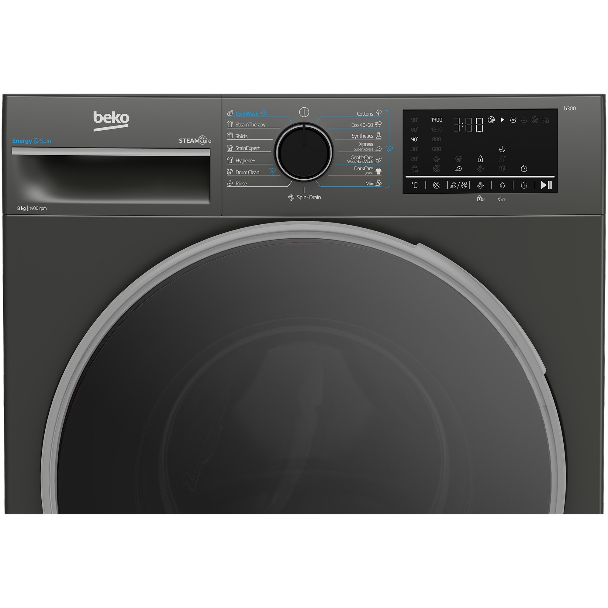 RESIGILAT: Masina de spalat rufe Beko B3WFU48415MB2ES, 8 kg, 1400 RPM, Clasa A, SteamCure, AddXtra, Motor ProSmart Inverter, AutoClean Detergent Drawer, Antracit