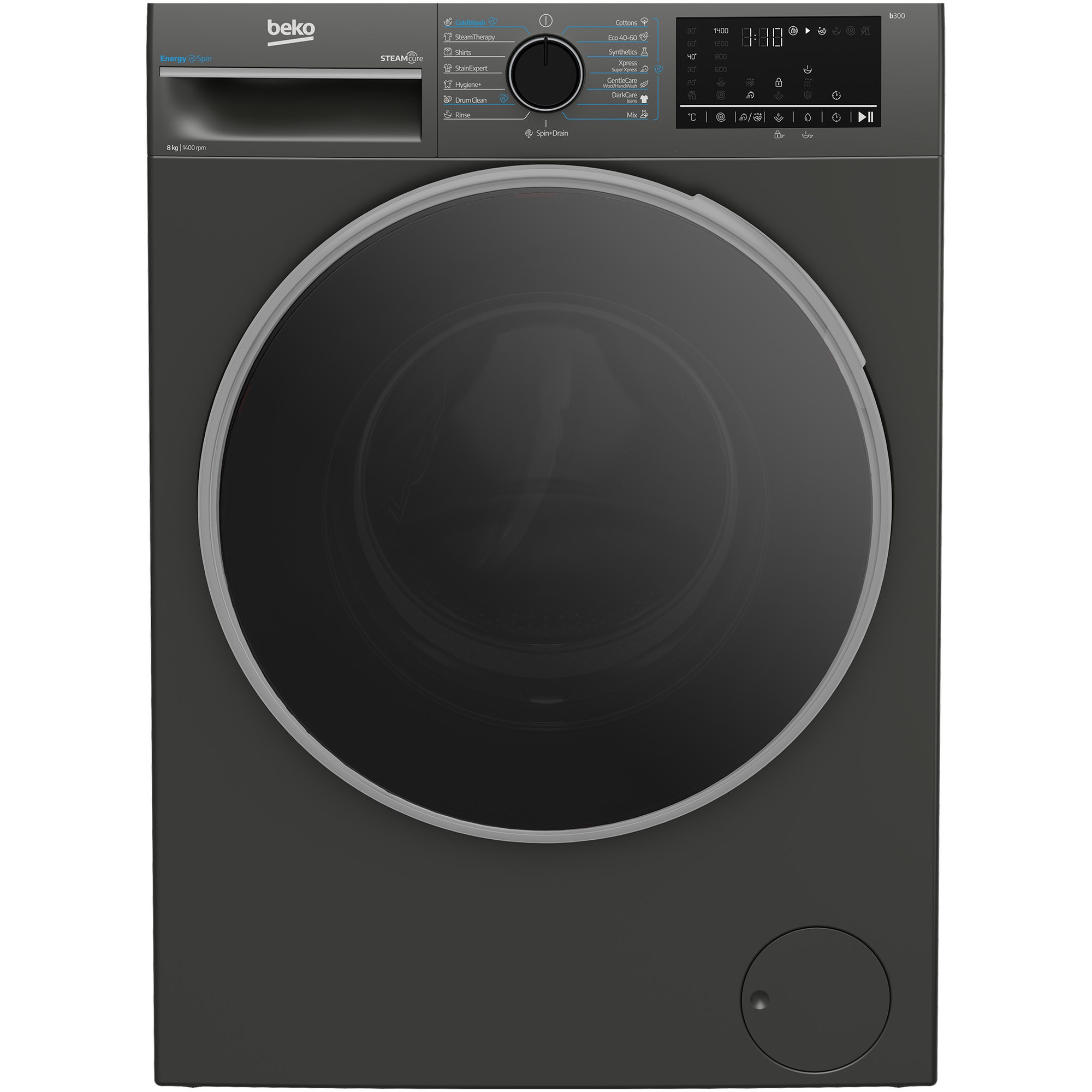 RESIGILAT: Masina de spalat rufe Beko B3WFU48415MB2ES, 8 kg, 1400 RPM, Clasa A, SteamCure, AddXtra, Motor ProSmart Inverter, AutoClean Detergent Drawer, Antracit