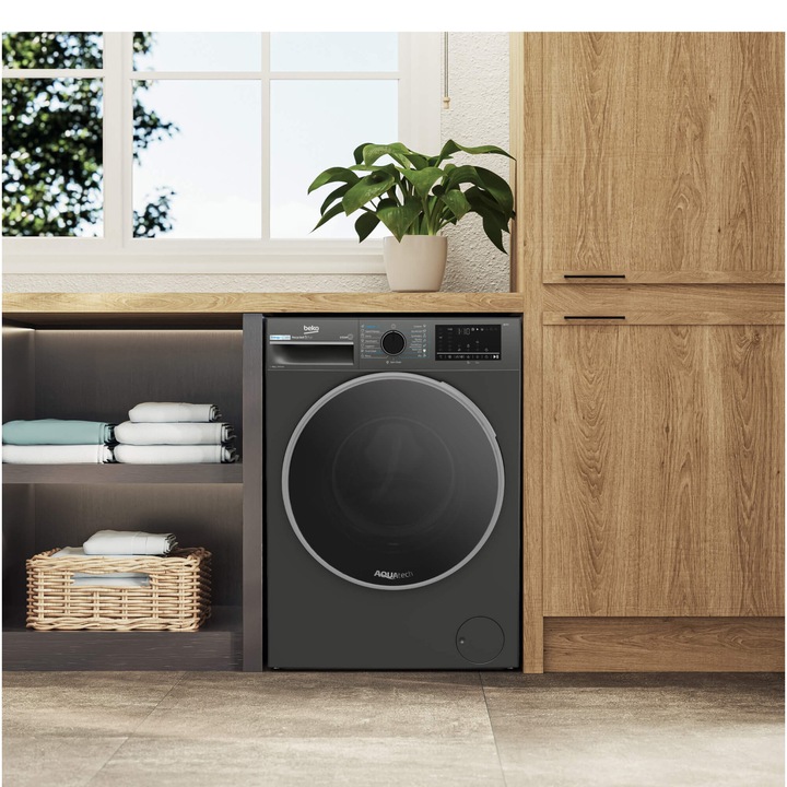Masina de spalat rufe Beko B3WFU48415MB2ES, 8 kg, 1400 RPM, Clasa A, SteamCure, AddXtra, Motor ProSmart Inverter, AutoClean Detergent Drawer, Antracit