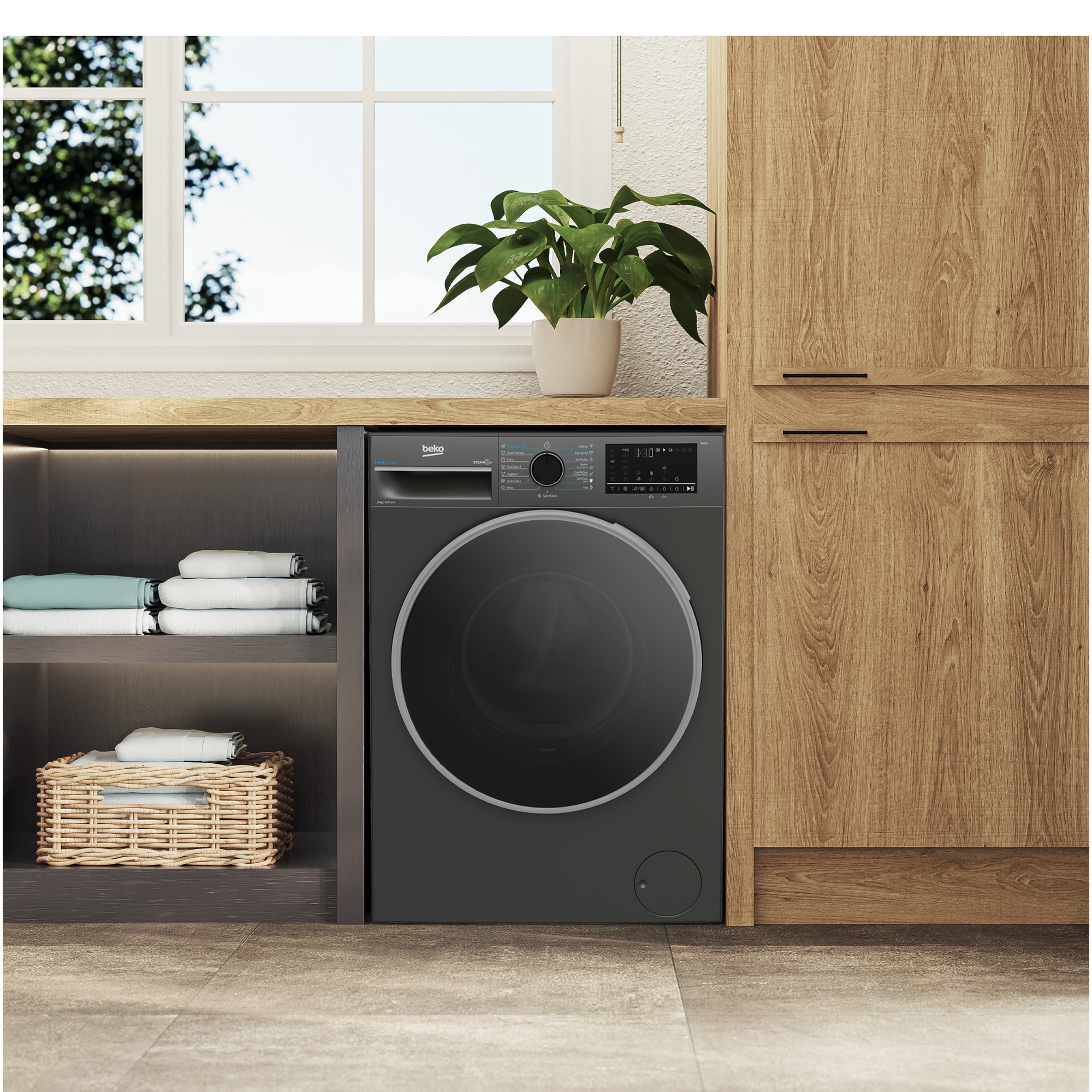 RESIGILAT: Masina de spalat rufe Beko B3WFU48415MB2ES, 8 kg, 1400 RPM, Clasa A, SteamCure, AddXtra, Motor ProSmart Inverter, AutoClean Detergent Drawer, Antracit