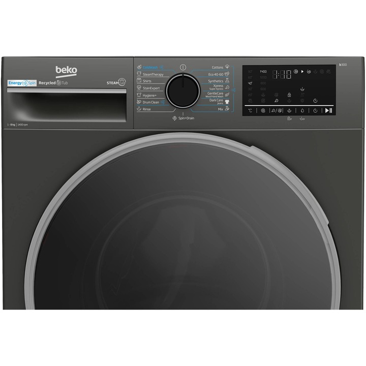 Masina de spalat rufe Beko B3WFU48415MB2ES, 8 kg, 1400 RPM, Clasa A, SteamCure, AddXtra, Motor ProSmart Inverter, AutoClean Detergent Drawer, Antracit