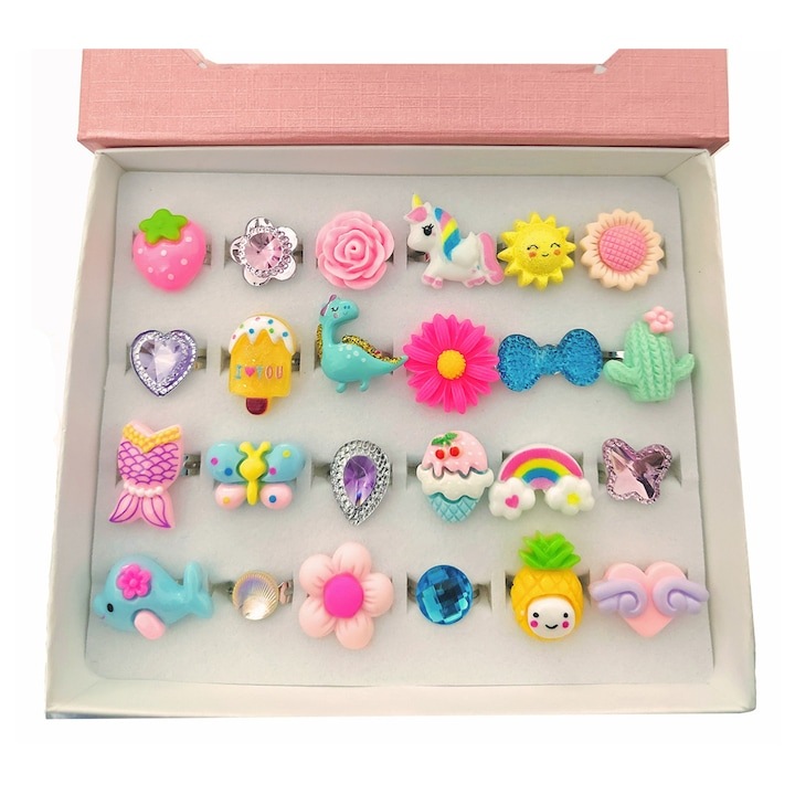 Set de 24 inele ajustabile pentru fete, WELUOT, design unic, multicolor