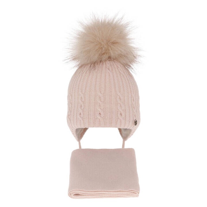 Set de iarna pentru fete caciula si fular crem cu pompon Amana, marime 44-46 cm