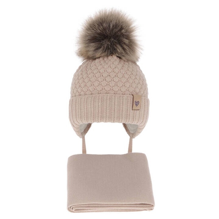 Set de iarna pentru fete caciula si fular crem cu pompon Bianca, marime 38-40 cm