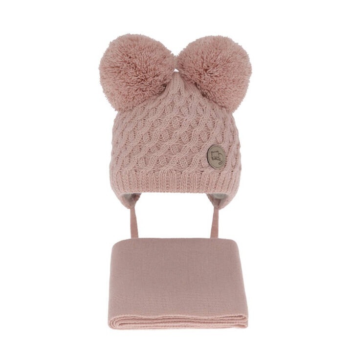 Set de iarna pentru fete caciula si fular roz cu 2 pompoane Anava, marime 36-38 cm