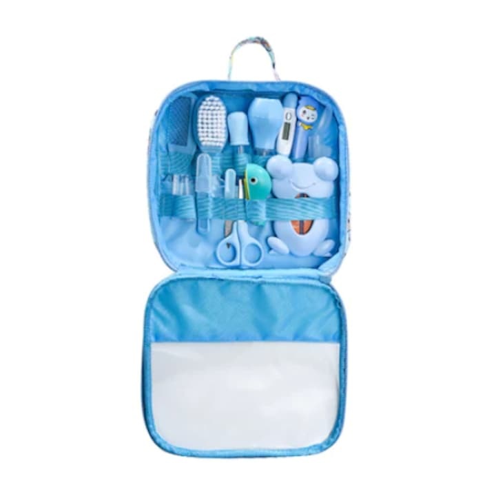 13 darabos gyermek higiéniai kellékkészlet, WELUOT, PVC/rozsdamentes acél, hordozható, kék