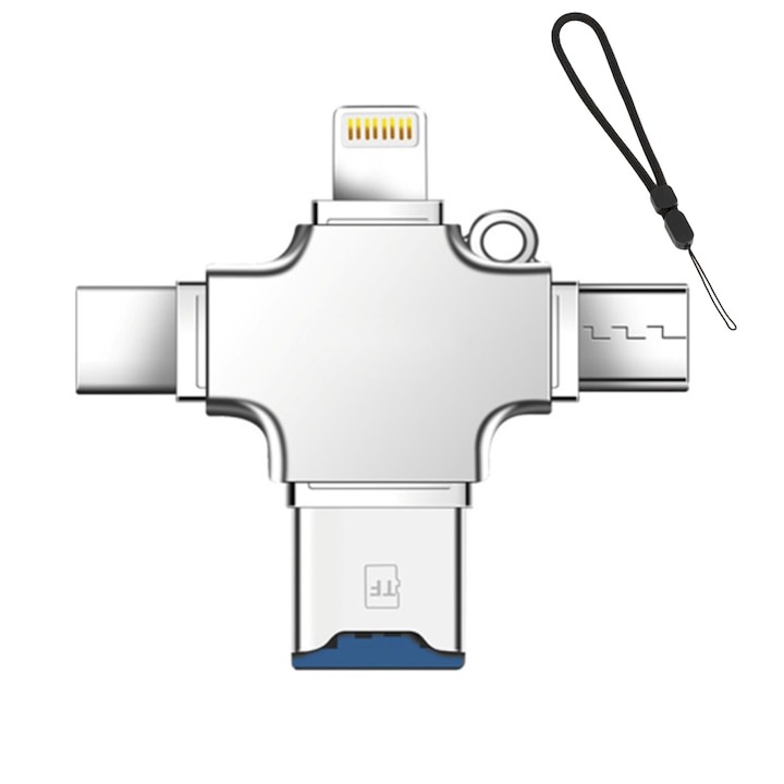 Адаптер WELUOT, 4 в 1, многопортов, USB 3.0/Lightning/Type-C/TF/Micro-USB, металик, 46x46x8mm, сребрист
