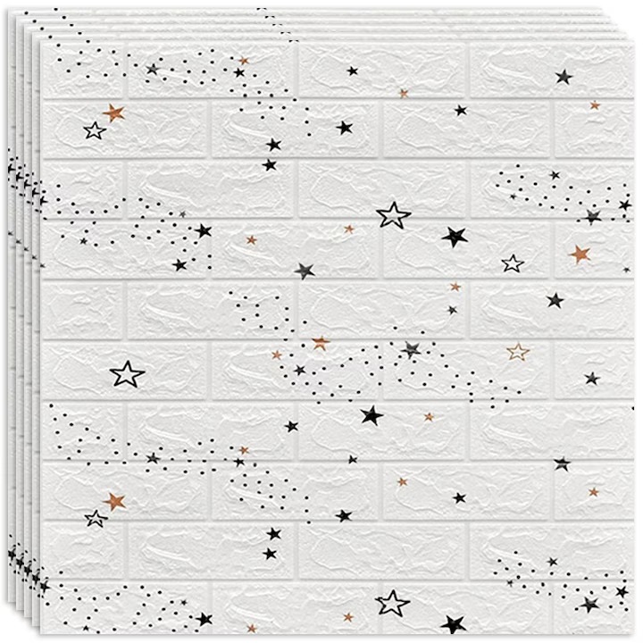 20 db-os öntapadós 3D tapéta készlet, kívül puha habszivacs, modern kialakítás bármilyen térbe alkalmas, vízálló, 70x77 méret, Macvi®, White Stars Brick Modell