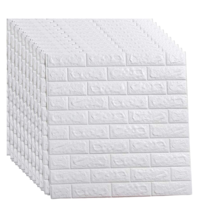 Set 10 Bucati Tapet 3D Autoadeziv, Macvi®, dimensiuni 70x77, Model Caramida Alb, acopera 5.3 metri patrati, este rezistent la apa si ofera un design modern oricarui spatiu
