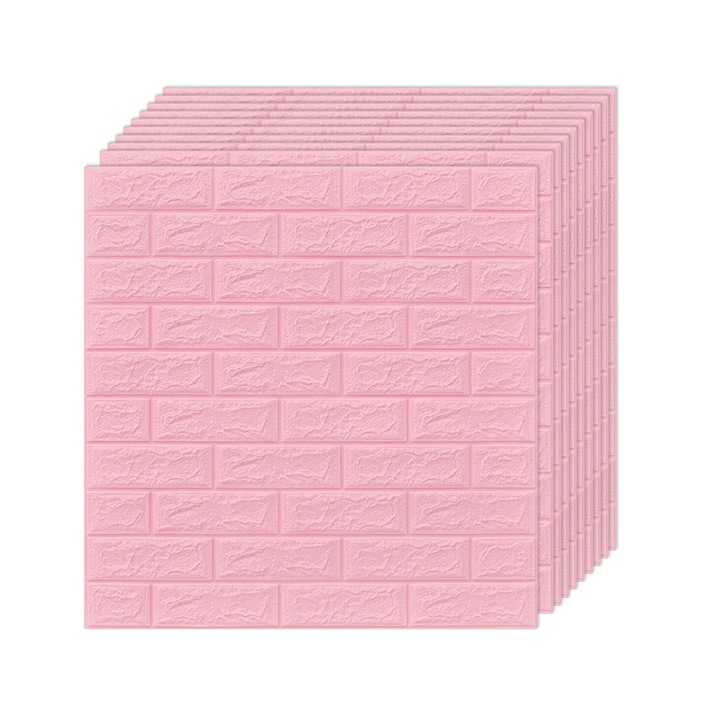 Комплект от 10 самозалепващи се 3D тапети, мека пяна отвън, модерен дизайн, подходящ за всяко пространство, водоустойчив, размери 70x77, Macvi®, Pink Brick Model