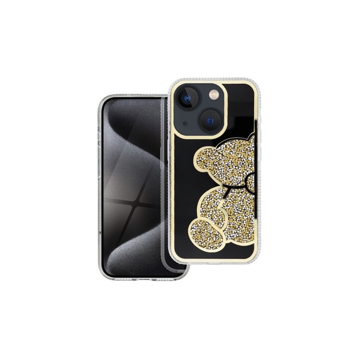 Husa pentru Apple iPhone 13, Crystal Teddy, Design tip ursulet, Cristale stralucitoare, Durabila, Rezistenta la socuri si zgarieturi, Auriu