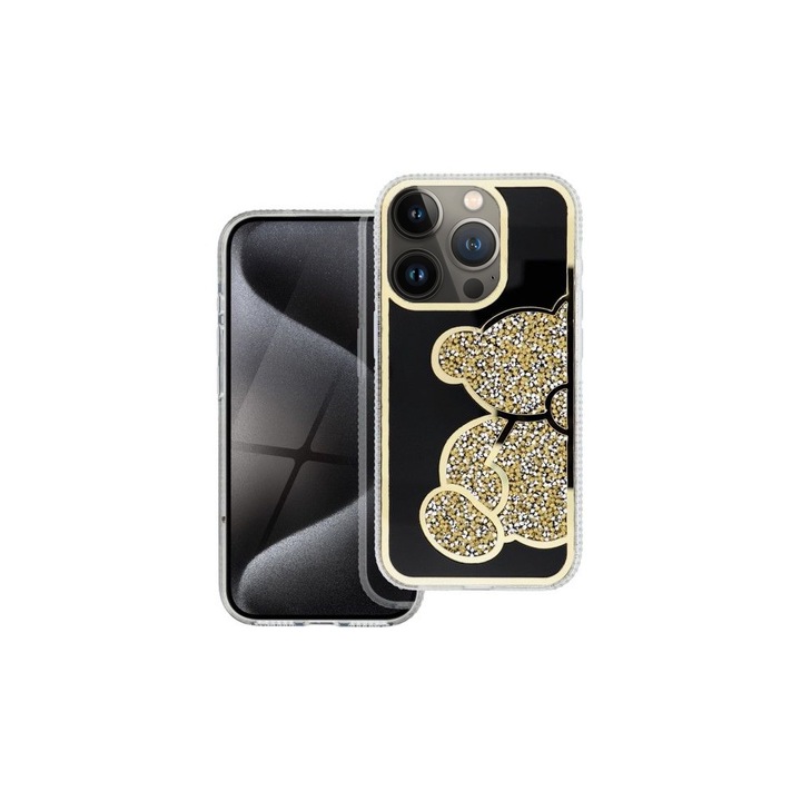 Husa pentru Apple iPhone 13 Pro, Crystal Teddy, Design tip ursulet, Cristale stralucitoare, Durabila, Rezistenta la socuri si zgarieturi, Auriu