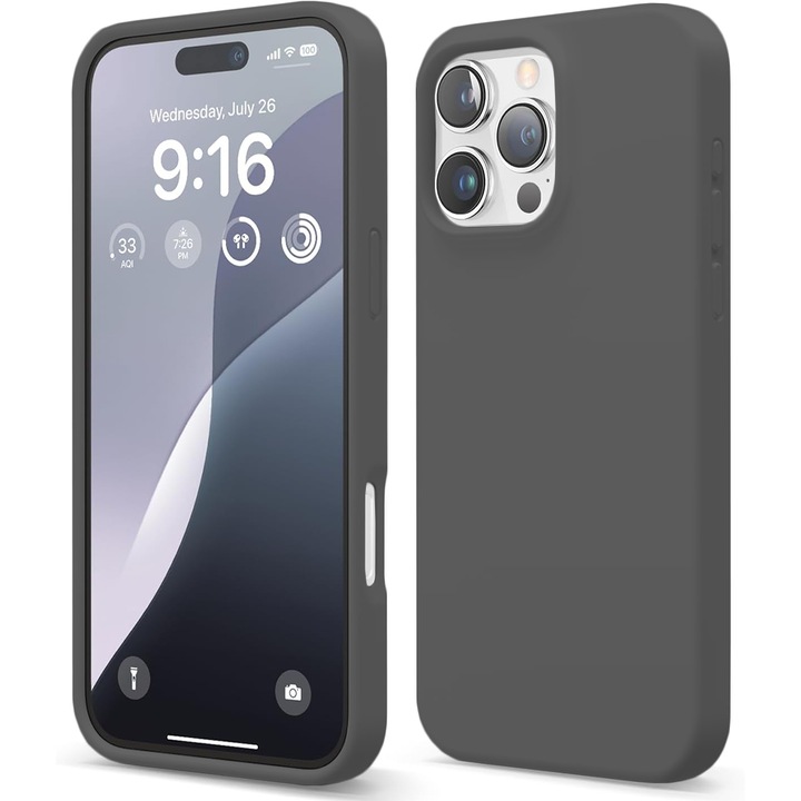 Husa CASEY STUDIOS™ compatibila cu iPhone 16 Pro Max, Soft Silicone Premium, Microfibra in Interior, Dark Grey, de Protectie, Ultra Slim, pentru Incarcare Wireless, Margini Ridicate de Protectia Ecranului si a Camerelor