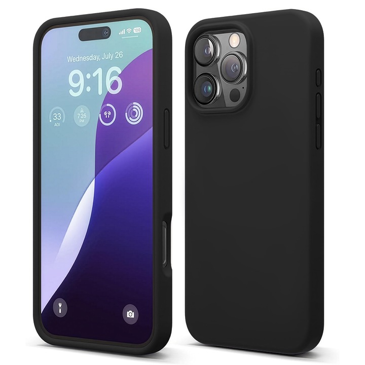 Husa CASEY STUDIOS™ compatibila cu iPhone 16 Pro Max, Soft Silicone Premium, Microfibra in Interior, Negru, de Protectie, Ultra Slim, pentru Incarcare Wireless, Margini Ridicate de Protectia Ecranului si a Camerelor