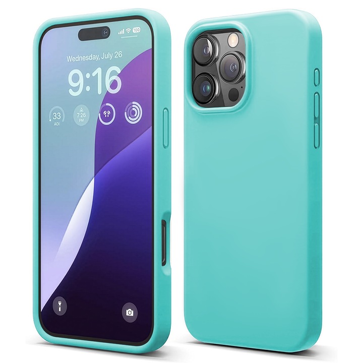 Husa CASEY STUDIOS™ compatibila cu iPhone 16 Pro Max, Soft Silicone Premium, Microfibra in Interior, Turcoaz, de Protectie, Ultra Slim, pentru Incarcare Wireless, Margini Ridicate de Protectia Ecranului si a Camerelor