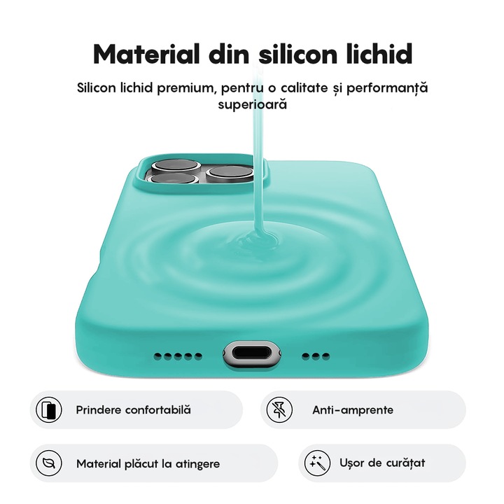 Husa CASEY STUDIOS™ compatibila cu iPhone 16 Pro Max, Soft Silicone Premium, Microfibra in Interior, Turcoaz, de Protectie, Ultra Slim, pentru Incarcare Wireless, Margini Ridicate de Protectia Ecranului si a Camerelor
