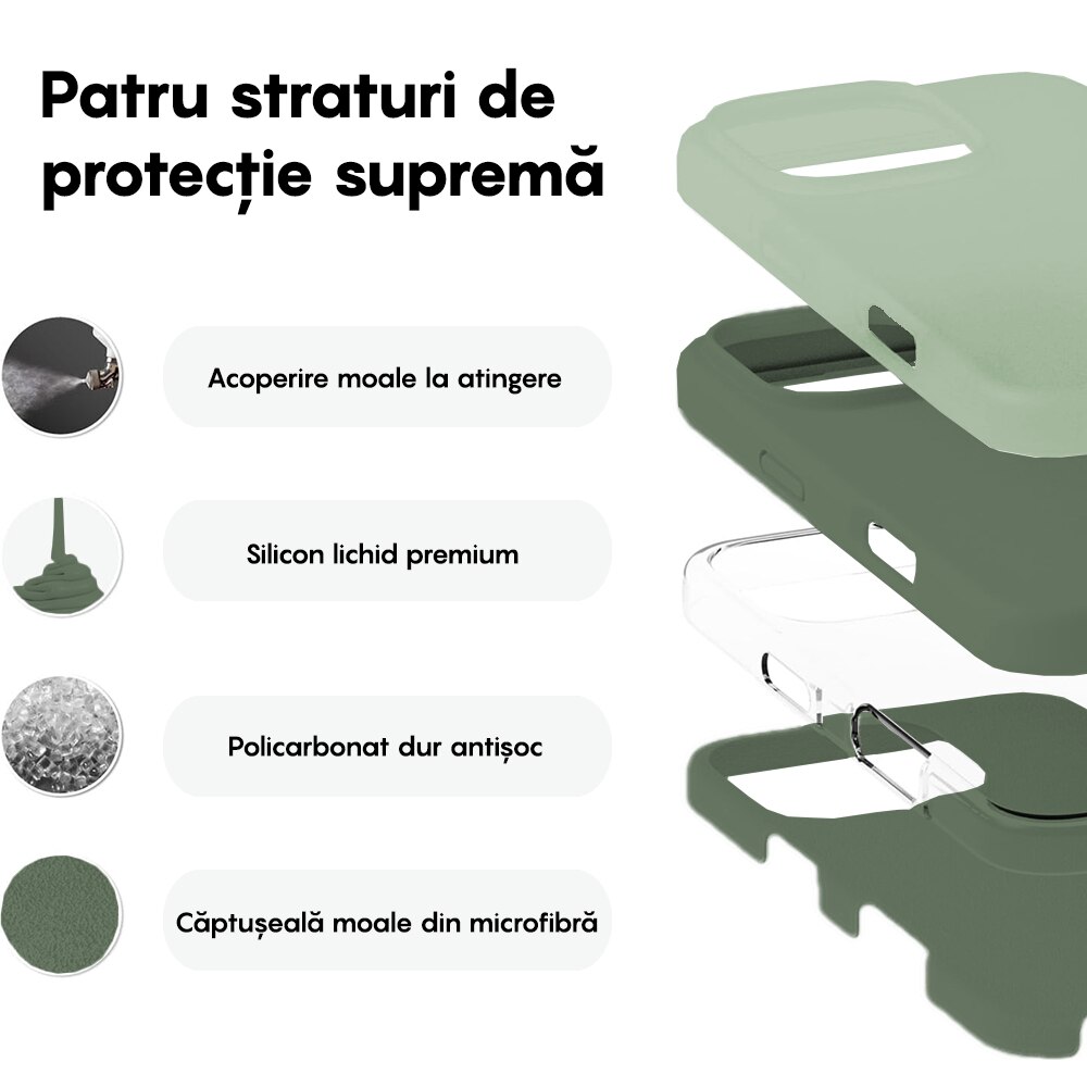 Husa CASEY STUDIOS™ compatibila cu iPhone 16 Pro Max, Soft Silicone Premium, Microfibra in Interior, Webster Green, Ultra Slim, pentru Incarcare Wireless, Margini Ridicate de Protectia Ecranului si a Camerelor