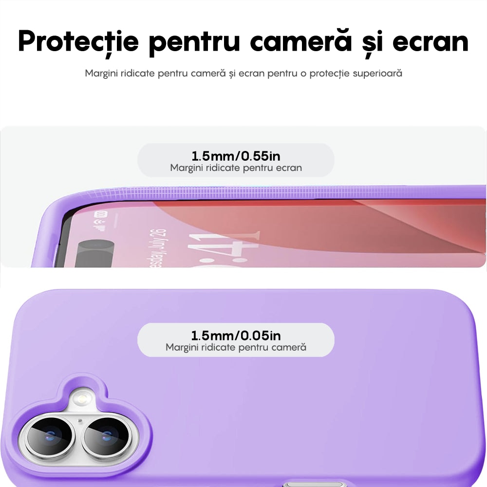 Husa CASEY STUDIOS™ compatibila cu iPhone 16, Soft Silicone Premium, Microfibra in Interior, Light Lilac, de Protectie, Ultra Slim, pentru Incarcare Wireless, Margini Ridicate de Protectia Ecranului si a Camerelor