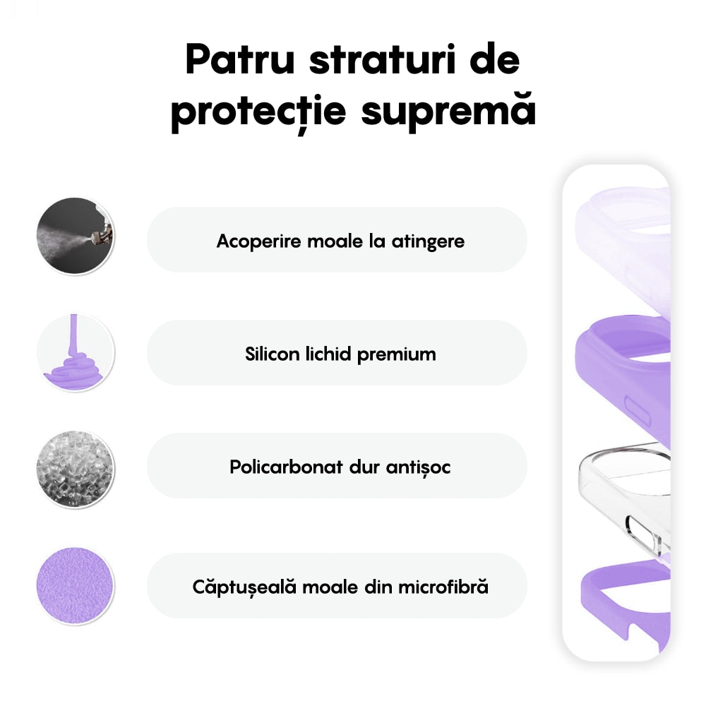 Husa CASEY STUDIOS™ compatibila cu iPhone 16, Soft Silicone Premium, Microfibra in Interior, Light Lilac, de Protectie, Ultra Slim, pentru Incarcare Wireless, Margini Ridicate de Protectia Ecranului si a Camerelor