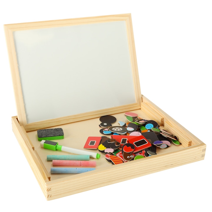 Tabla din lemn fata-verso cu puzzle-uri magnetice WTO®, 36 m+, Montessori, include 100 de magneti, marker, creta, burete, 30 x 23 cm