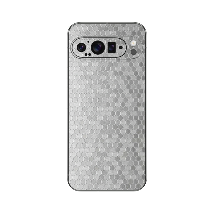 Folie iSkinz pentru Google Pixel 9 Pro XL - Honeycomb Argintiu Silver, Split Cut, Skin Adeziv Full Cover, Protectie Carcasa Spate si Laterale