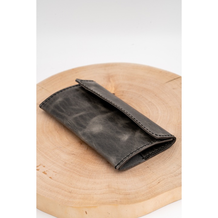 Portofel pentru tutun din piele naturala, lucrat manual, gri vintage