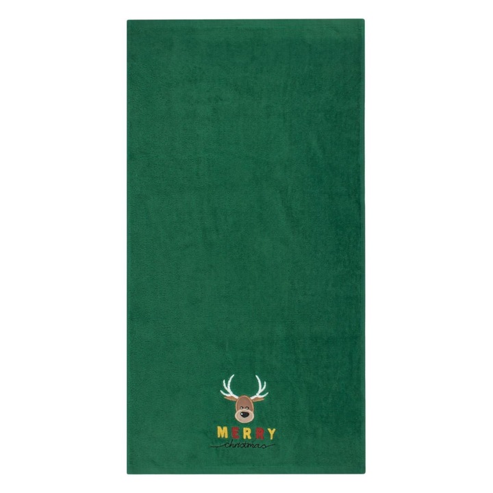 Коледна кърпа за ръце, памук, бродирана шарка на елен, Весела Коледа, зелен цвят, размер 90x45 см, GSM 400