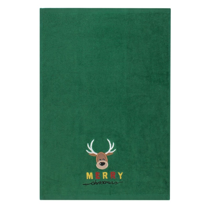 Кърпа за ръце, коледна шарка, бродирани елени, зелен цвят, размер 60x40 см, памучен материал