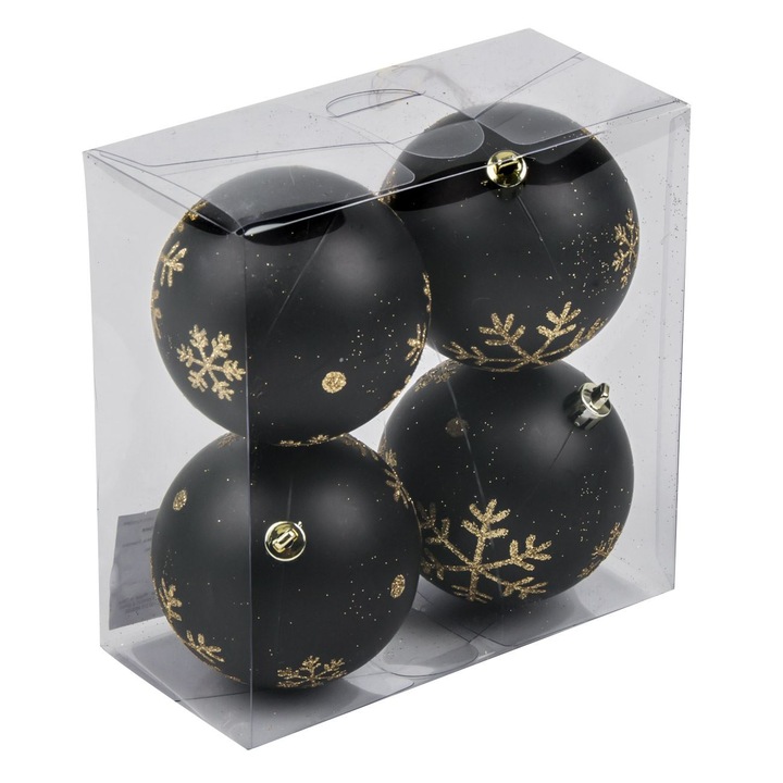 Set 4 globulete de Craciun Negre cu fulg de nea Shopiens®, 8 cm