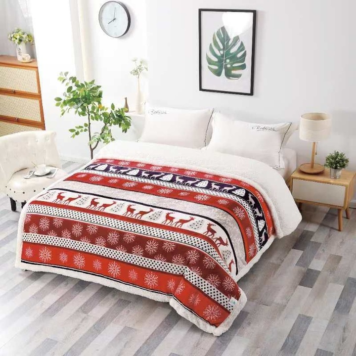 Patura Imblanita, Imprimeu Festiv Craciun, Reindeer, 200x230cm, Multicolor