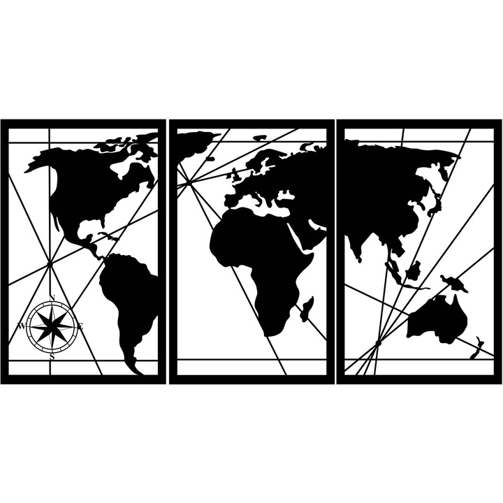 Panou traforat harta lumii, triptic, tablou 3D, harta pe perete, decor, 150x80 cm