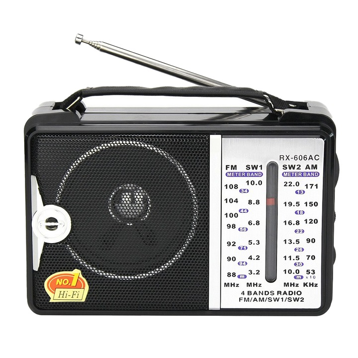 Radio Portabil Teno®, FM/AM/SW1/SW2, mod dual de alimentare, baterii/la priza, receptie ridicata ce prinde posturi regionale/la sate, negru