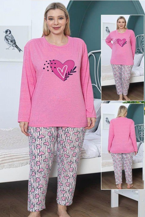 Pijama dama bumbac batal marime mare, imprimeu cu inimioare, roz 14554 8068, Roz