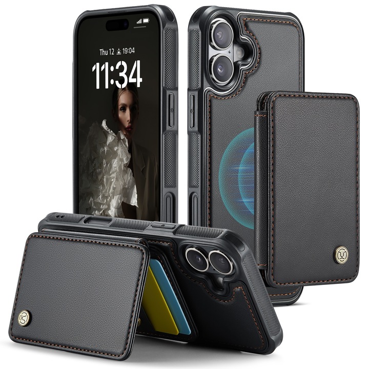Кейс за iPhone 16 Plus, CaseMe, кожа с мека текстура и удобен захват в ръката, заден капак, свалящ се магнитен мини портфейл, слот за карти, функция за стойка, RFID защита, черен
