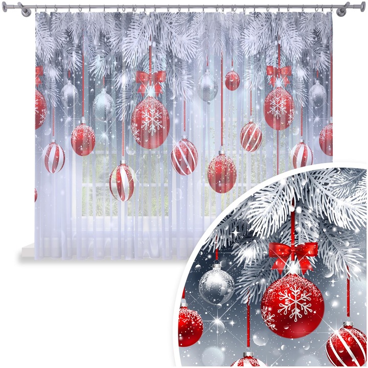 Perdea de Craciun gata confectionata, HomeView, FNG167, Rejansa, Tiv, Bride, Poliester, Voal, Simpla, Multicolor, 300x150 cm