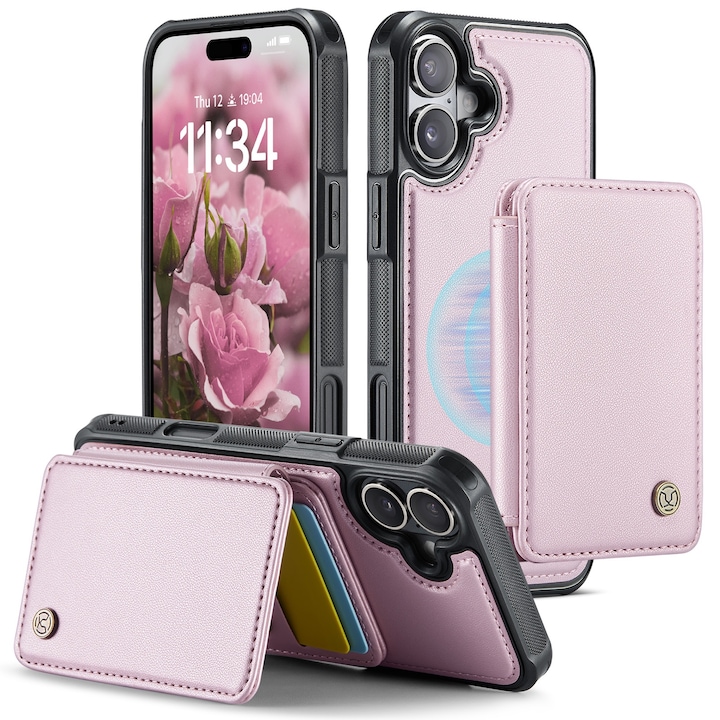 Калъф за iPhone 17, CaseMe, Мека текстурирана кожа с добро сцепление, Съвместим с MagSafe, Мини подвижен магнитен портфейл, Отделение за карти, Функция стойка, RFID защита, Розов