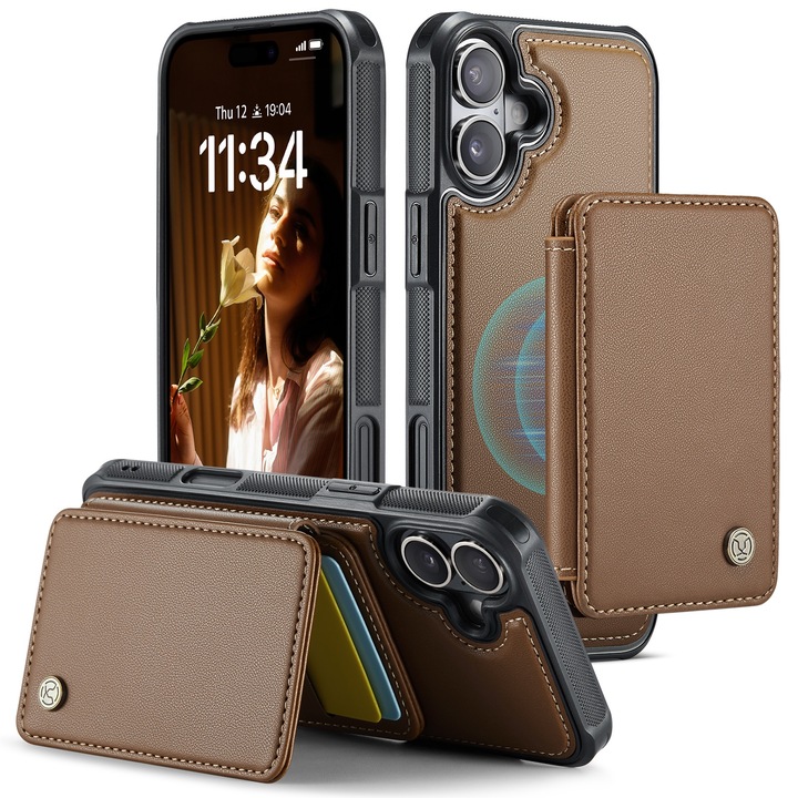 Калъф за iPhone 17, CaseMe, Кожа с мека текстура и добро сцепление, Съвместим с MagSafe, Мини магнитен портфейл, Отделение за карти, Функция стойка, RFID защита, Кафяв
