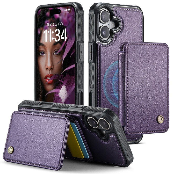 Калъф за iPhone 16, CaseMe, кожа с мека текстура и добро сцепление в ръката, заден капак, мини магнитен портфейл, слотове за карти, функция стойка, RFID защита, лилав