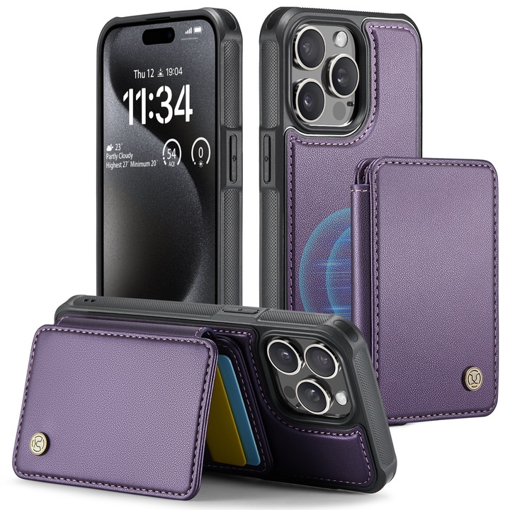 Калъф за iPhone 14 Pro, CaseMe, мека текстурирана кожа с мек захват, заден капак, свалящ се магнитен мини портфейл, слот за карти, функция за стойка, RFID защита, Лилаво