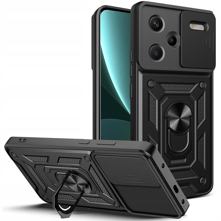 Husa pentru Xiaomi Redmi Note 13 Pro+ Plus 5G Anti-Shock Rugged cu inel rotativ, Ring Armor Kickstand, cu slider pentru protectie lentile, Aiyando, negru