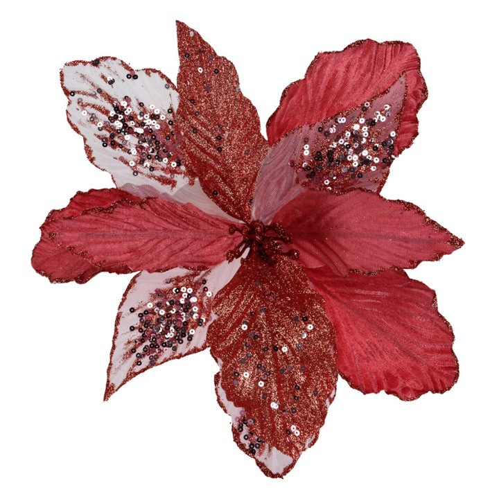 Decoratiune brad floare rosie cu sclipici, cu clema, diametru 28 cm