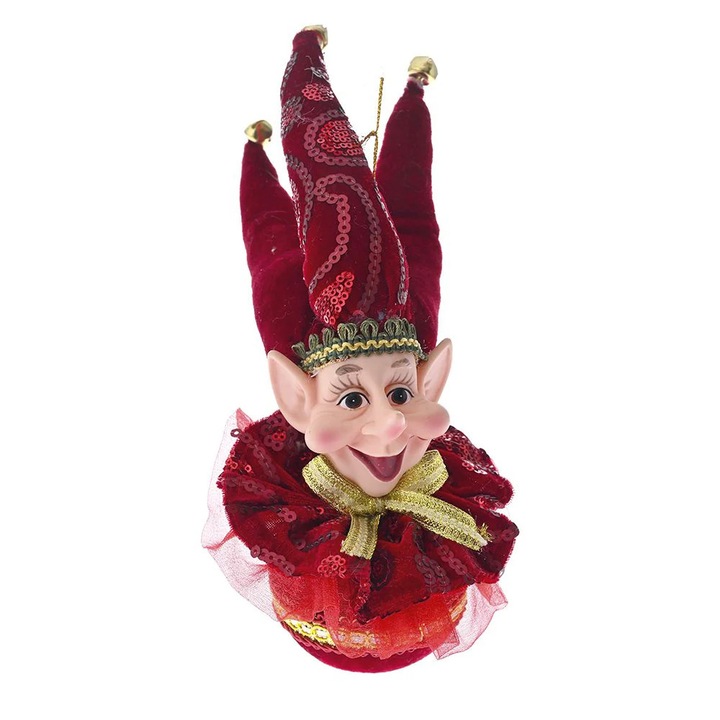 Decoratiune brad glob cu cap de spiridus, culoare visinie, inaltime 25 cm