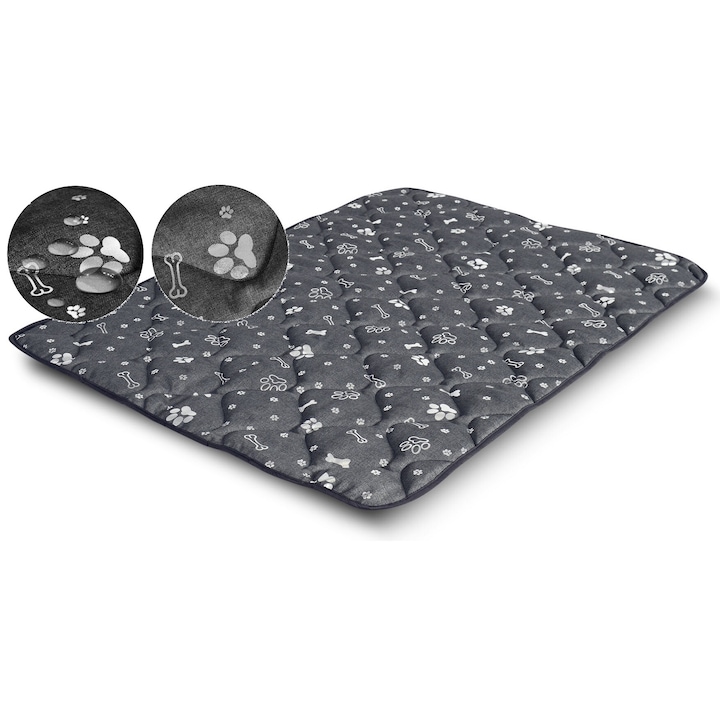 Постелка за куче, AIO Factory, 80x60 см, водоустойчива, графит, шарка със сребърни кости
