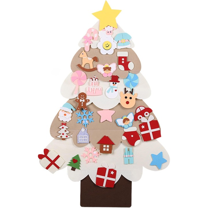 Pom de Craciun DIY pentru copii cu accesorii, Pasla, 113 x 67 Cm, Crem