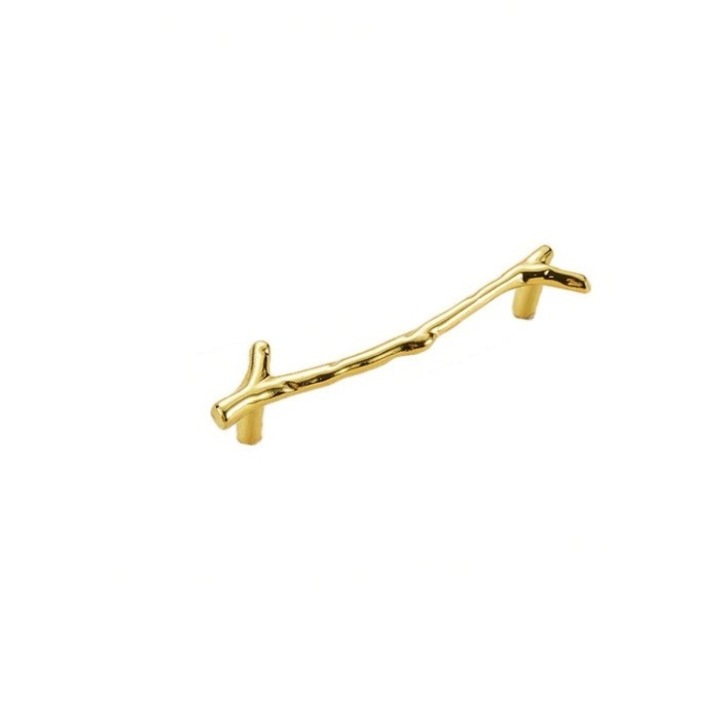 Maner din aliaj pentru sertar/dulap, model crenguta de copac - M, distanta dintre gauri 9.6 cm/lungime totala 12 cm, culoarea auriu, The Casius.®