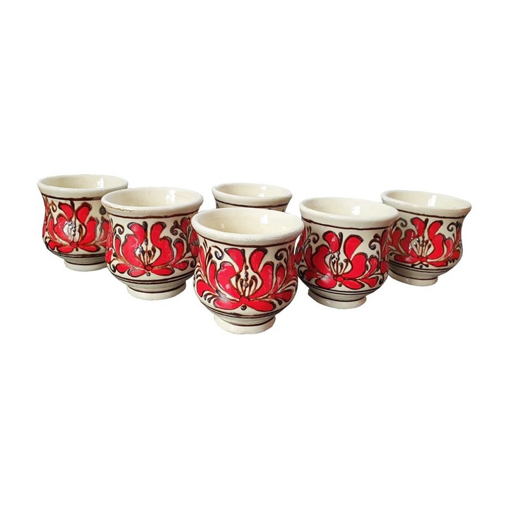 Set 6 Cesti traditionale din ceramica, 50 ml, Rosu